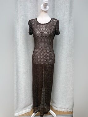 Y2K Hourglass brown crochet short sleeve sheath maxi dress
